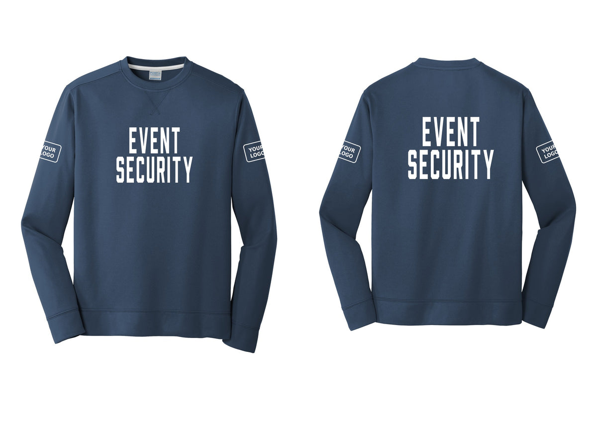 NYC Factory Custom Logo Event Security Performance Fleece Crewneck Sweatshirt (Classic) - Front + Back + Your Logo Sleeves - Navy