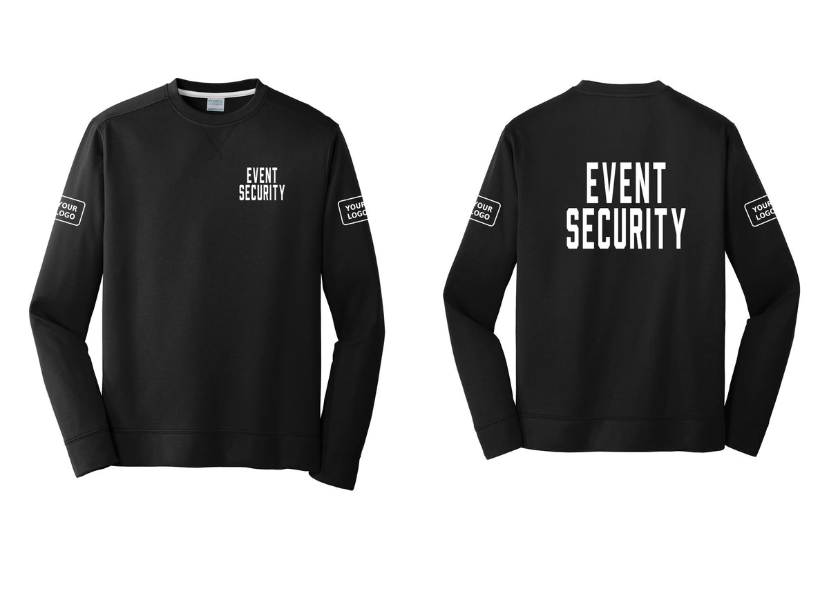 NYC Factory Custom Logo Event Security Performance Fleece Crewneck Sweatshirt (Classic) - Chest + Back + Your Logo Sleeves - Black