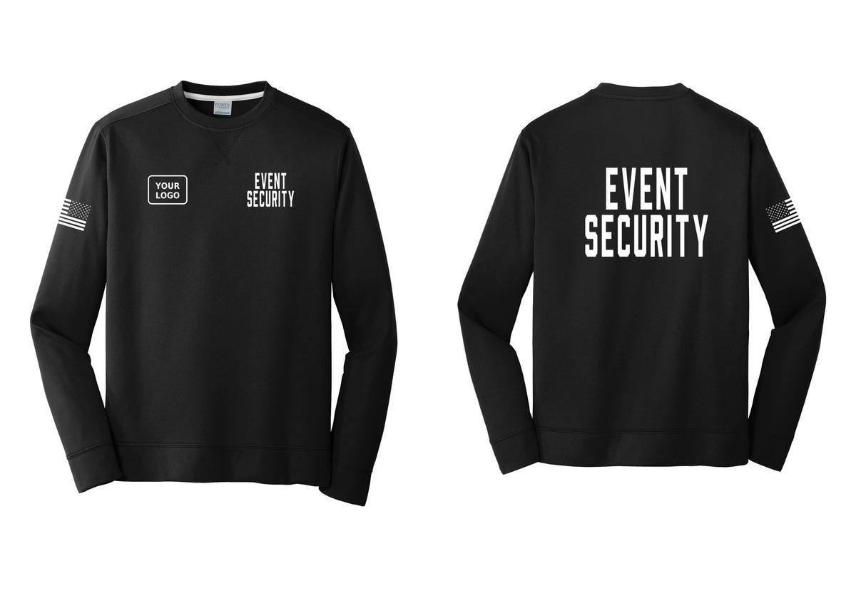 NYC Factory Custom Logo Event Security Performance Fleece Crewneck Sweatshirt (Classic) - EVENT SECURITY + Your Logo + Back + US Flag Sleeve - Black