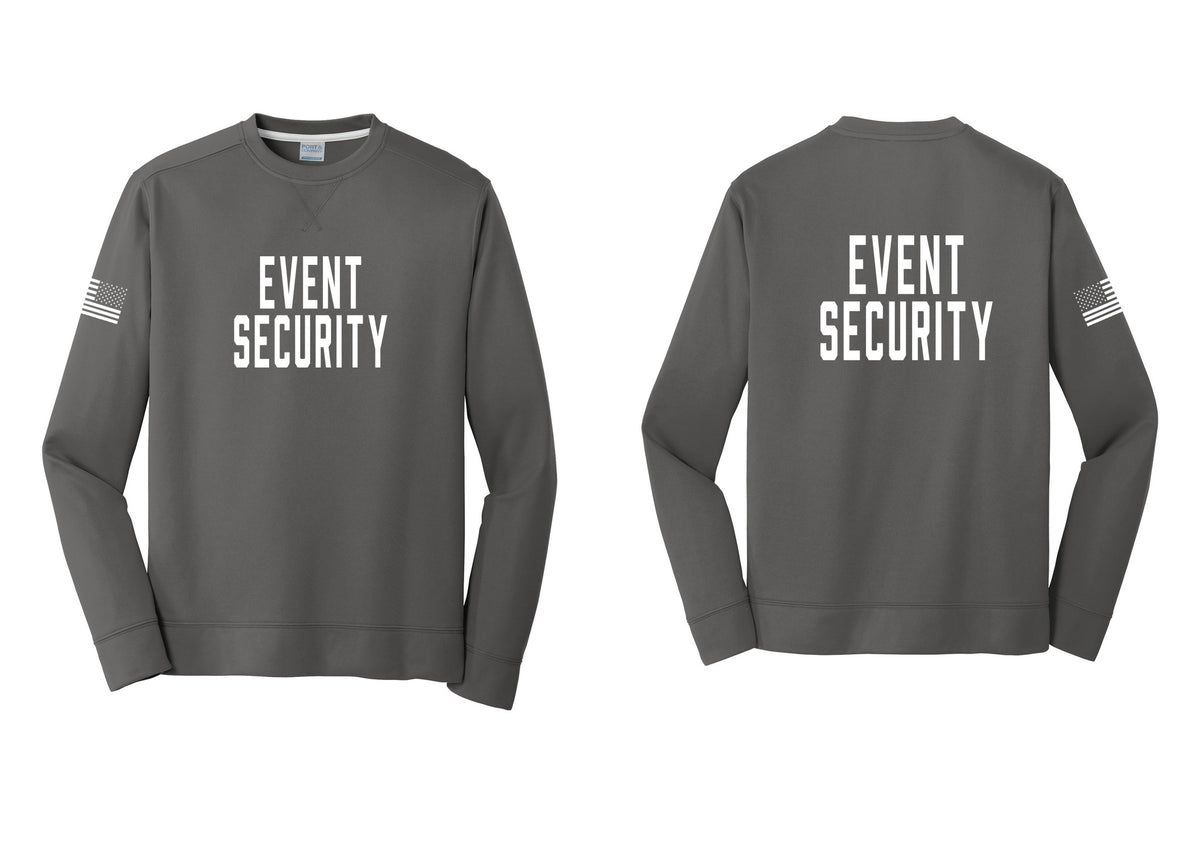 NYC Factory Event Security Performance Fleece Crewneck Sweatshirt (Classic) - Front + Back + US Flag Sleeve - Charcoal