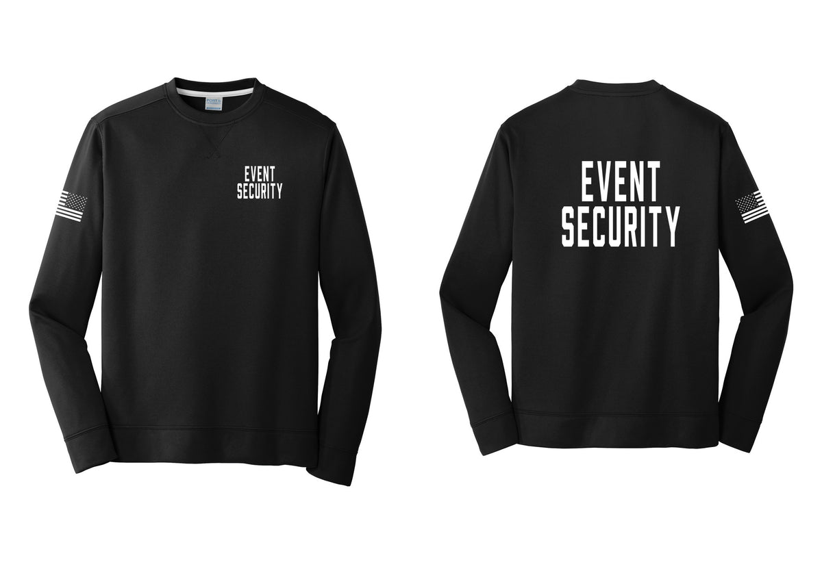 NYC Factory Event Security Performance Fleece Crewneck Sweatshirt (Classic) - Chest + Back + US Flag Sleeve - Black