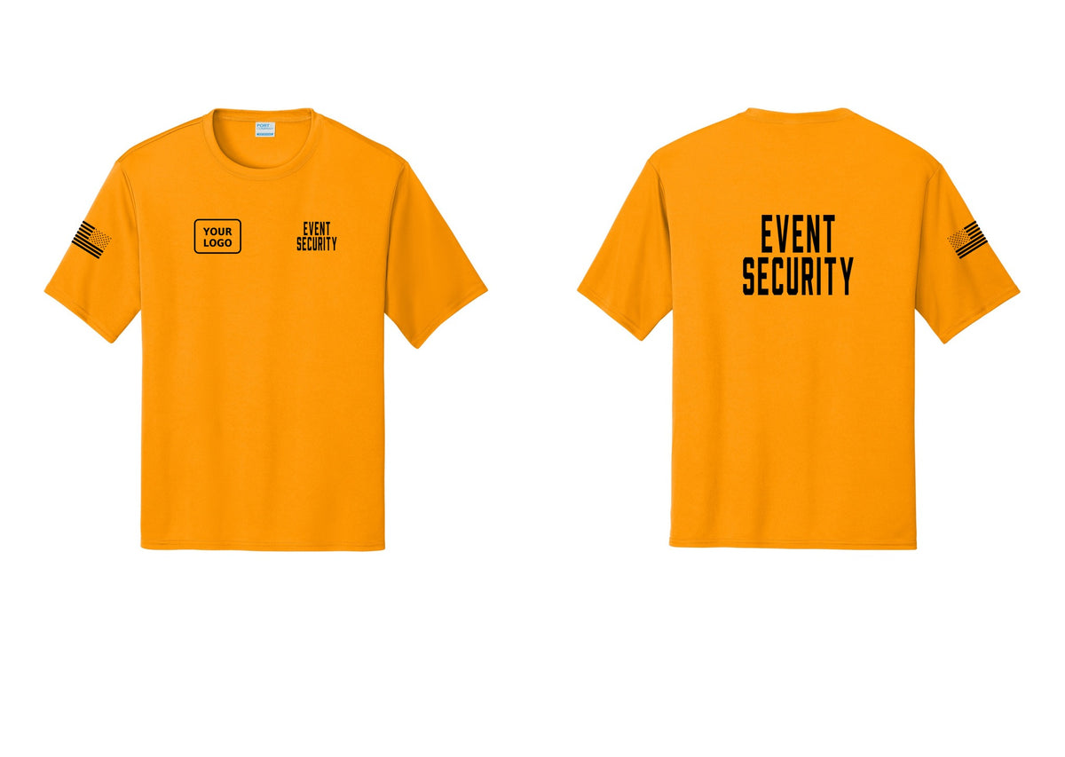 NYC Factory Custom Logo Event Security Performance T-Shirt (Classic) - EVENT SECURITY + Your Logo + Back + US Flag Sleeve - Gold
