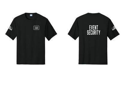 NYC Factory Custom Logo Event Security Performance T-Shirt (Classic) - Your Logo + Back + US Flag Sleeve - Black