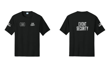 NYC Factory Custom Logo Event Security Performance T-Shirt (Classic) - EVENT SECURITY + Your Logo + Back + US Flag Sleeve - Black