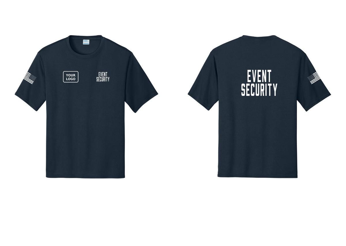 NYC Factory Custom Logo Event Security Performance T-Shirt (Classic) - EVENT SECURITY + Your Logo + Back + US Flag Sleeve - Navy
