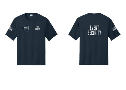 NYC Factory Custom Logo Event Security Performance T-Shirt (Classic) - EVENT SECURITY + Your Logo + Back + US Flag Sleeve - Navy