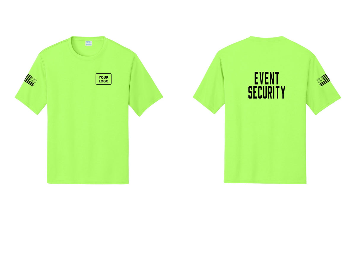 NYC Factory Custom Logo Event Security Performance T-Shirt (Classic) - Your Logo + Back + US Flag Sleeve - Neon Green