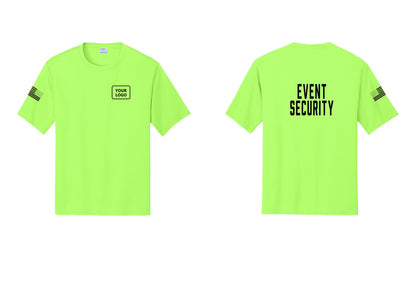 NYC Factory Custom Logo Event Security Performance T-Shirt (Classic) - Your Logo + Back + US Flag Sleeve - Neon Green