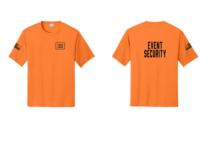 NYC Factory Custom Logo Event Security Performance T-Shirt (Classic) - Your Logo + Back + US Flag Sleeve - Neon Orange
