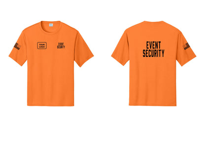 NYC Factory Custom Logo Event Security Performance T-Shirt (Classic) - EVENT SECURITY + Your Logo + Back + US Flag Sleeve - Neon Orange