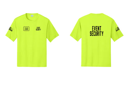 NYC Factory Custom Logo Event Security Performance T-Shirt (Classic) - EVENT SECURITY + Your Logo + Back + US Flag Sleeve - Neon Yellow