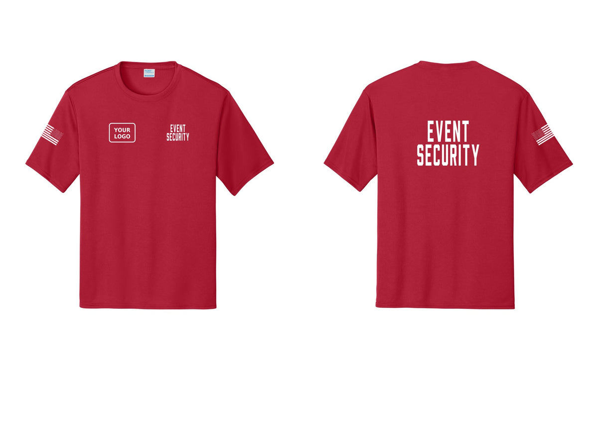 NYC Factory Custom Logo Event Security Performance T-Shirt (Classic) - EVENT SECURITY + Your Logo + Back + US Flag Sleeve - Red