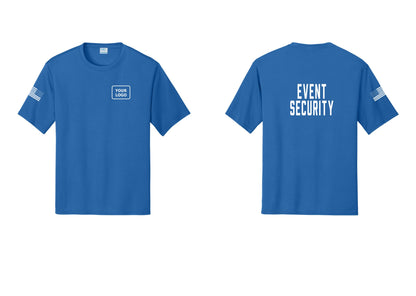 NYC Factory Custom Logo Event Security Performance T-Shirt (Classic) - Your Logo + Back + US Flag Sleeve - Royal