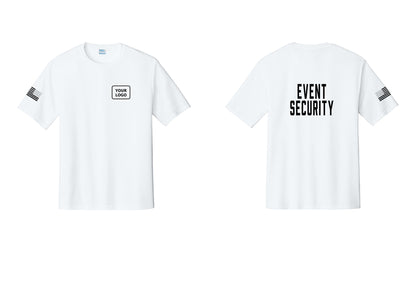 NYC Factory Custom Logo Event Security Performance T-Shirt (Classic) - Your Logo + Back + US Flag Sleeve - White