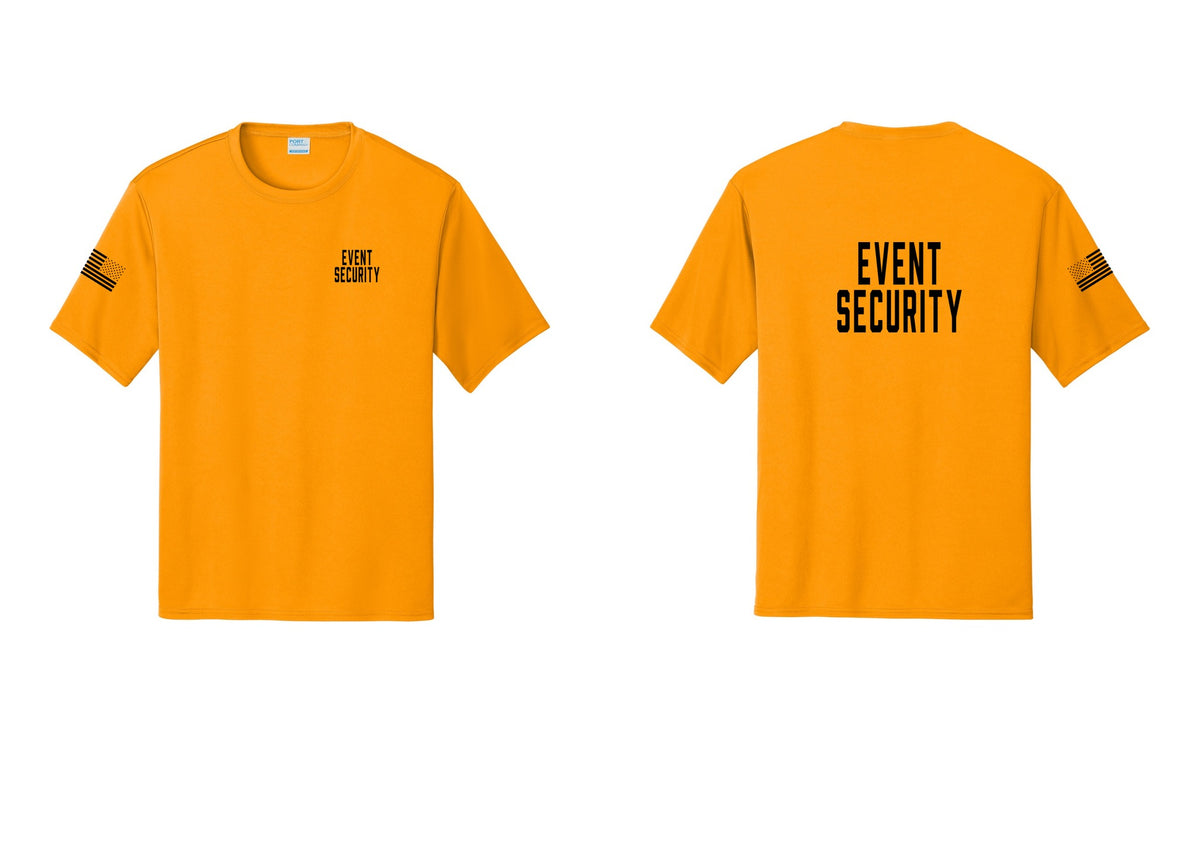 NYC Factory Event Security Performance T-Shirt (Classic) - Chest + Back + US Flag Sleeve - Gold