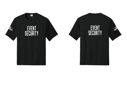 NYC Factory Event Security Performance T-Shirt (Classic) - Front + Back + US Flag Sleeve - Black