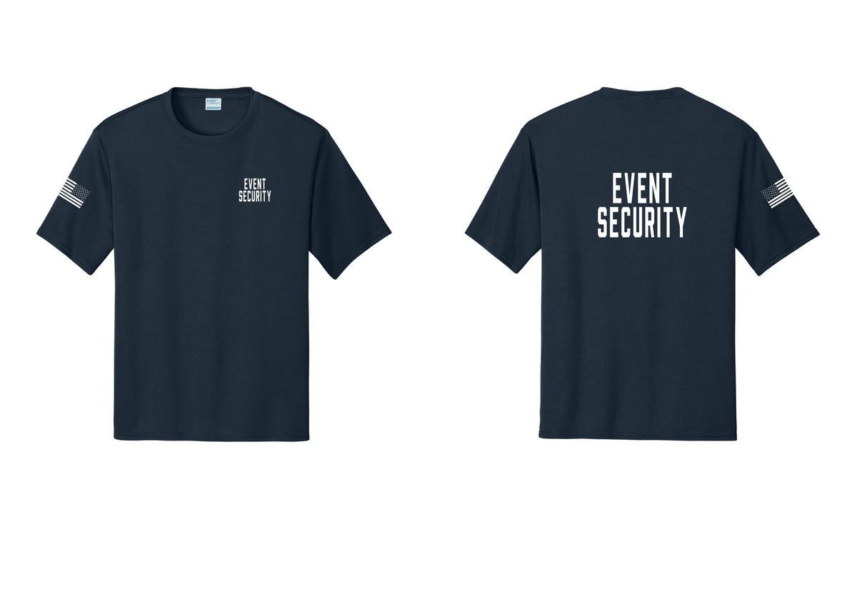 NYC Factory Event Security Performance T-Shirt (Classic) - Chest + Back + US Flag Sleeve - Navy