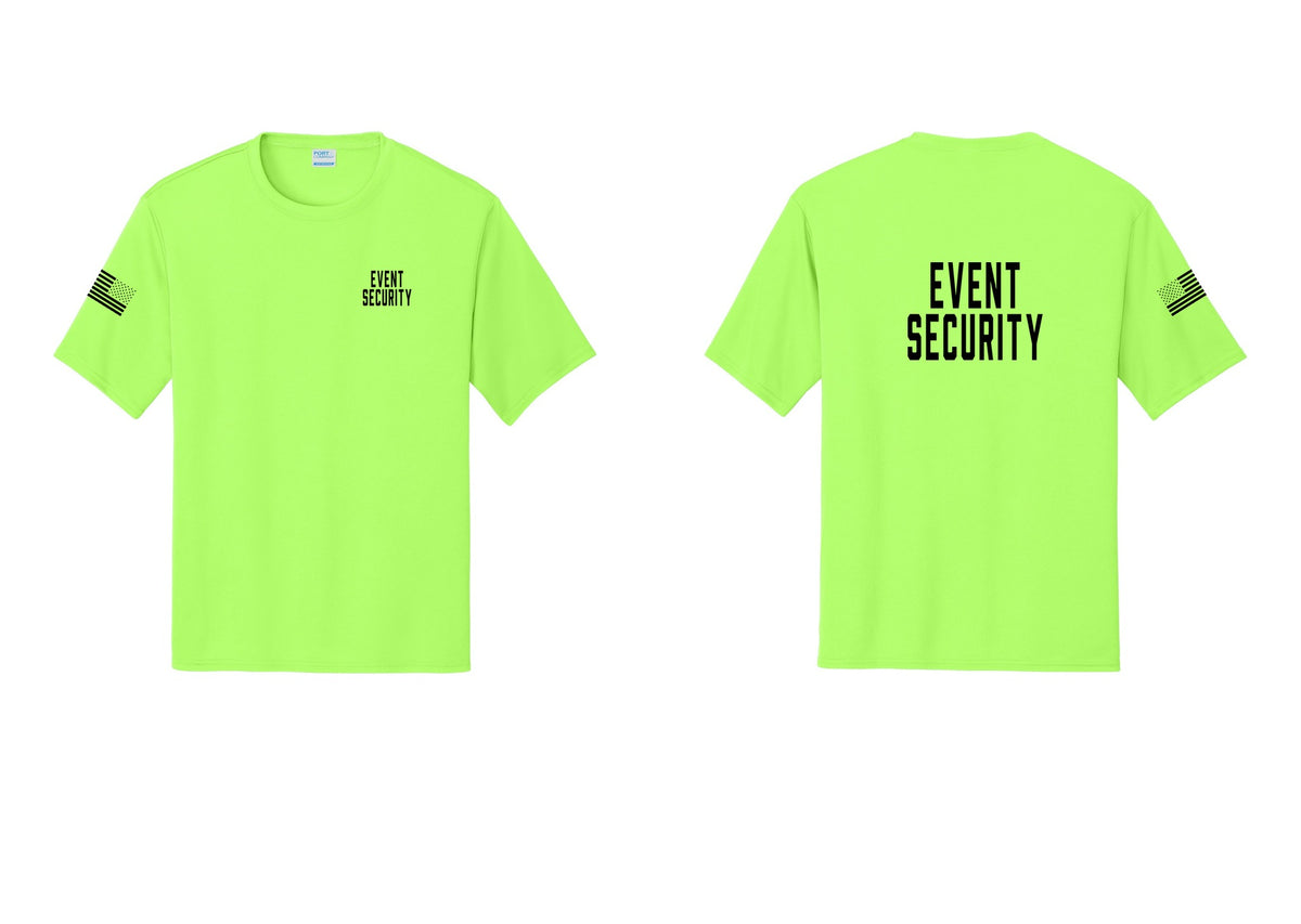 NYC Factory Event Security Performance T-Shirt (Classic) - Chest + Back + US Flag Sleeve - Neon Green