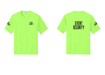 NYC Factory Event Security Performance T-Shirt (Classic) - Chest + Back + US Flag Sleeve - Neon Green