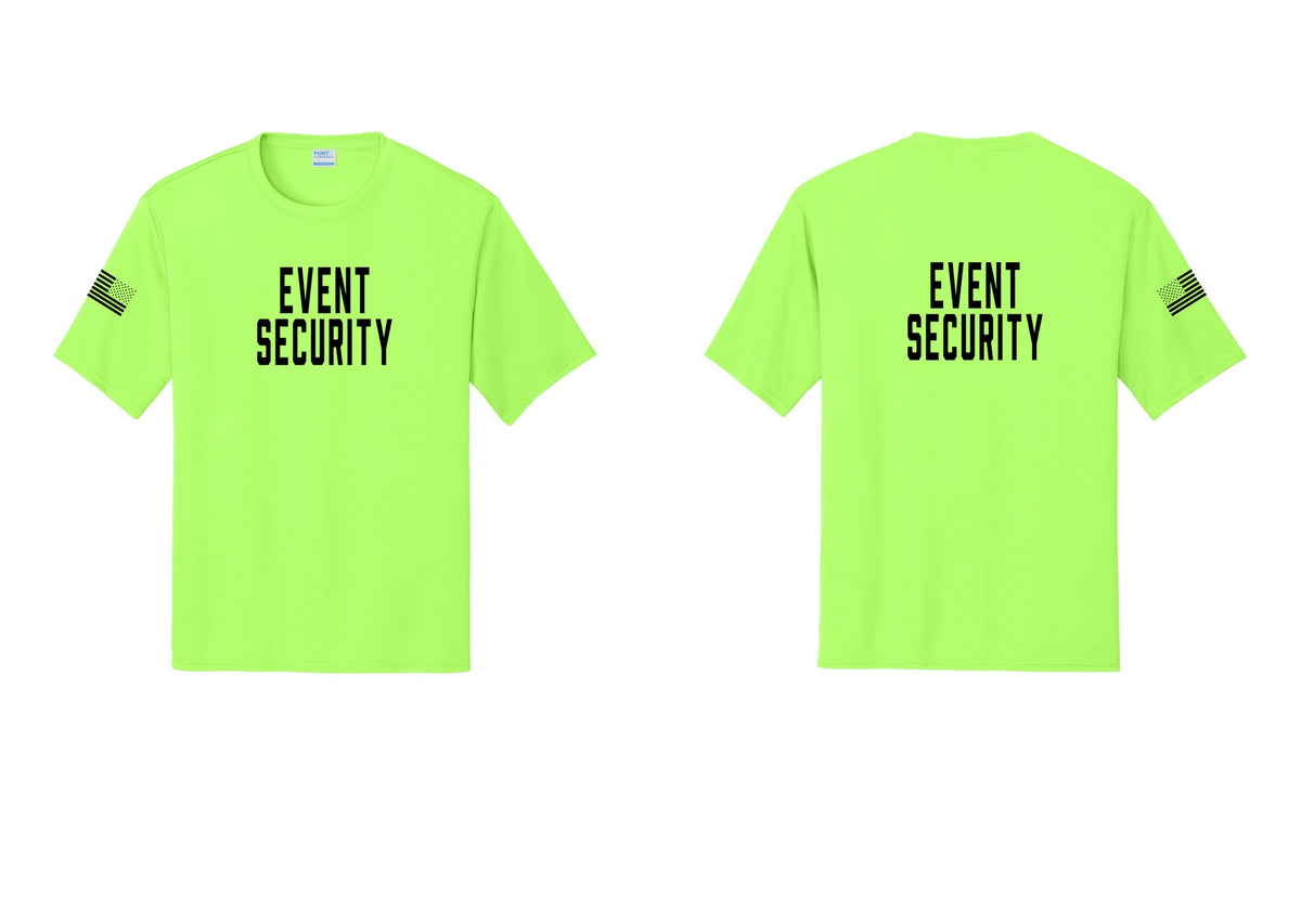 NYC Factory Event Security Performance T-Shirt (Classic) - Front + Back + US Flag Sleeve - Neon Green