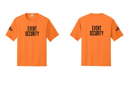 NYC Factory Event Security Performance T-Shirt (Classic) - Front + Back + US Flag Sleeve - Neon Orange