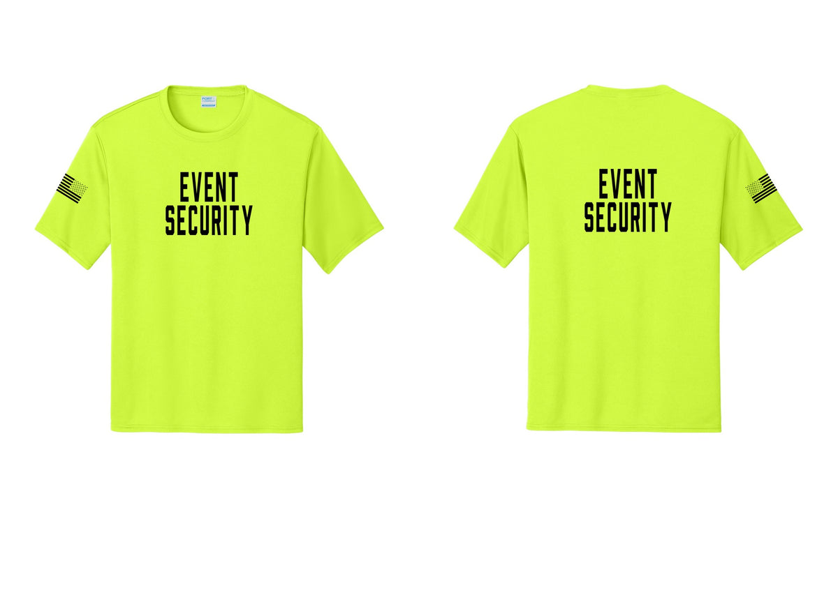 NYC Factory Event Security Performance T-Shirt (Classic) - Front + Back + US Flag Sleeve - Neon Yellow