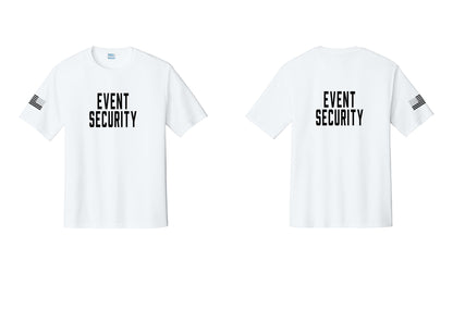 NYC Factory Event Security Performance T-Shirt (Classic) - Front + Back + US Flag Sleeve - White