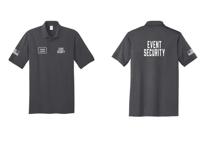 NYC Factory Custom Logo Event Security Polo Shirt (Classic) - EVENT SECURITY + Your Logo + Back + US Flag Sleeve - Charcoal