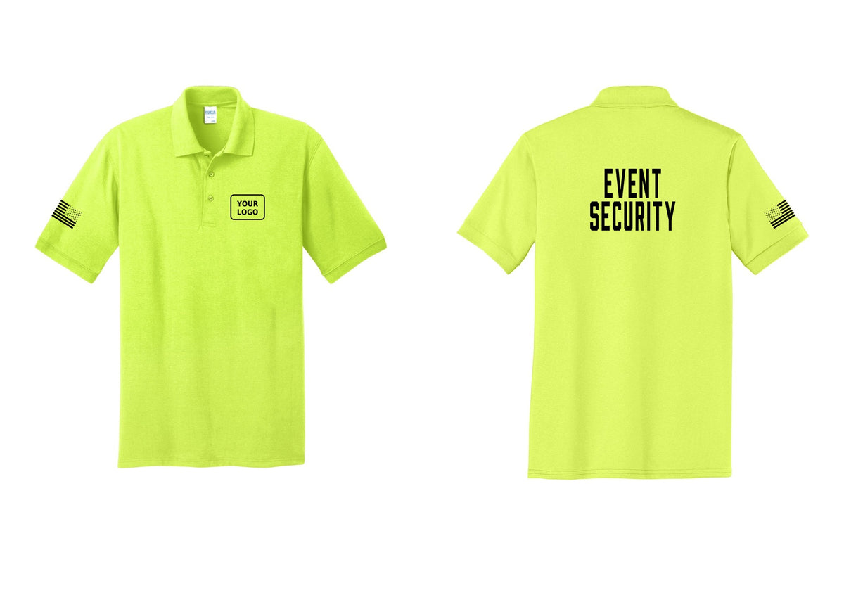 NYC Factory Custom Logo Event Security Polo Shirt (Classic) - Your Logo + Back + US Flag Sleeve - Safety Green