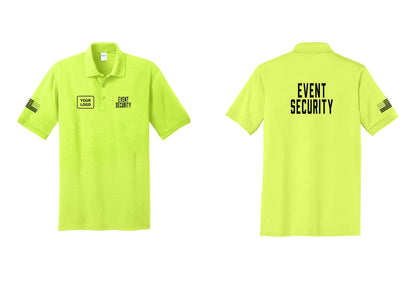 NYC Factory Custom Logo Event Security Polo Shirt (Classic) - EVENT SECURITY + Your Logo + Back + US Flag Sleeve - Safety Green