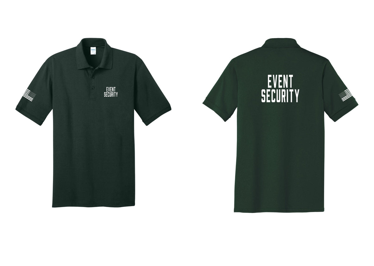 NYC Factory Event Security Polo Shirt (Classic) - Chest + Back + US Flag Sleeve - Dark Green