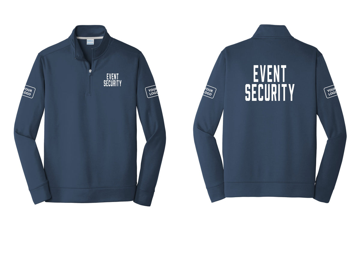 NYC Factory Custom Logo Event Security Performance Fleece 1/4-Zip Pullover Sweatshirt (Classic) - Chest + Back + Your Logo Sleeves - Navy