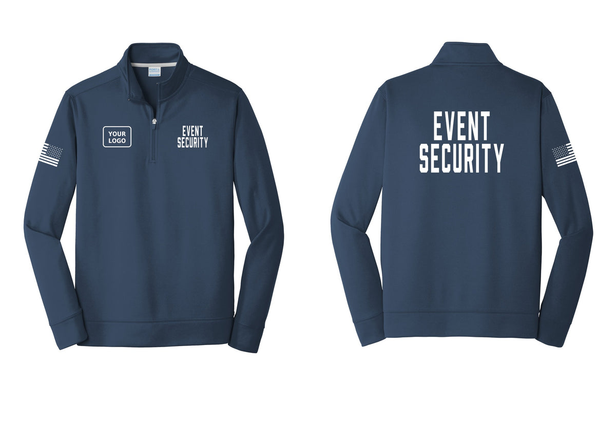 NYC Factory Custom Logo Event Security Performance Fleece 1/4-Zip Pullover Sweatshirt (Classic) - EVENT SECURITY + Your Logo + Back + US Flag Sleeve - Navy