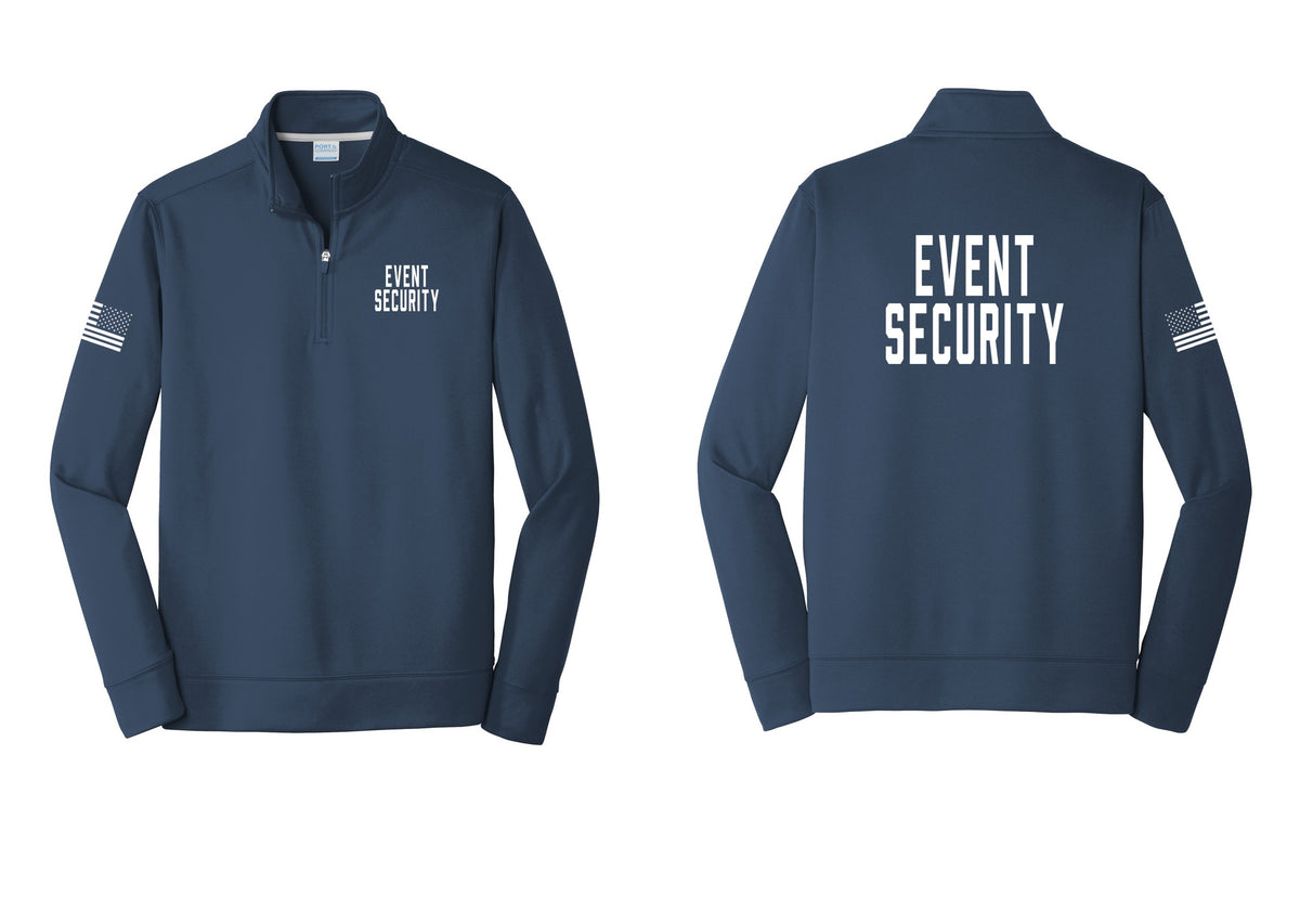 NYC Factory Event Security Performance Fleece 1/4-Zip Pullover Sweatshirt (Classic) - Chest + Back + US Flag Sleeve - Navy