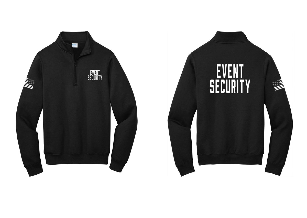 NYC Factory Event Security Cotton Fleece 1/4-Zip Pullover Sweatshirt (Classic) - Chest + Back + US Flag Sleeve - Black