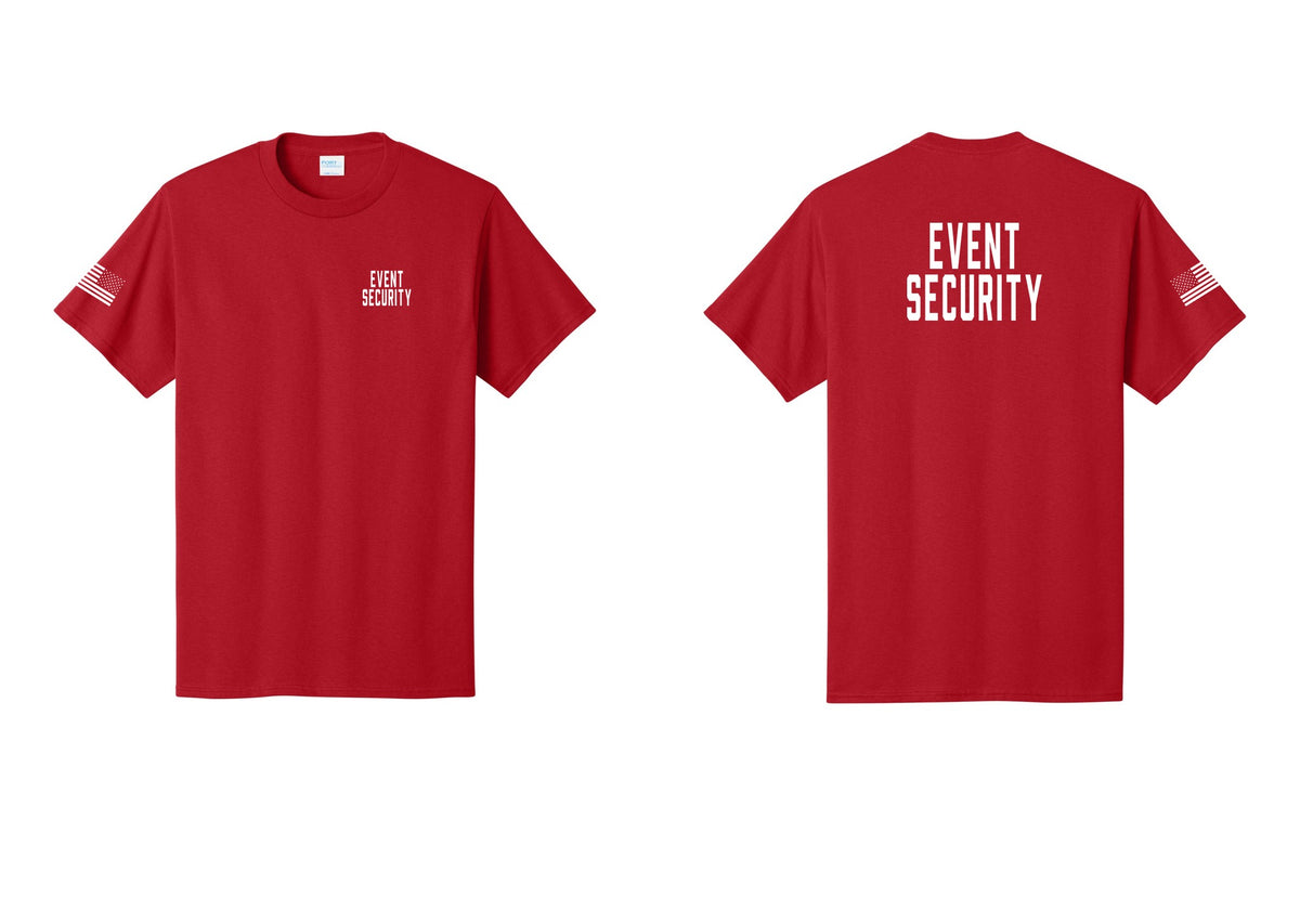 NYC Factory Event Security T-Shirt for Venues & Crowd Management (Classic) - Chest + Back + US Flag Sleeve - Red