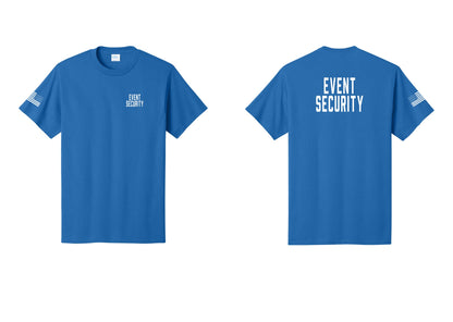 NYC Factory Event Security T-Shirt for Venues & Crowd Management (Classic) - Chest + Back + US Flag Sleeve - Royal