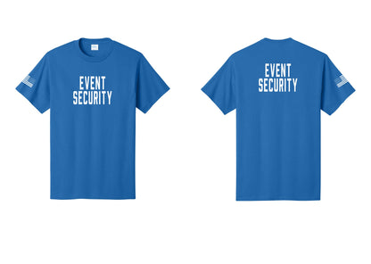 NYC Factory Event Security T-Shirt for Venues & Crowd Management (Classic) - Front + Back + US Flag Sleeve - Royal