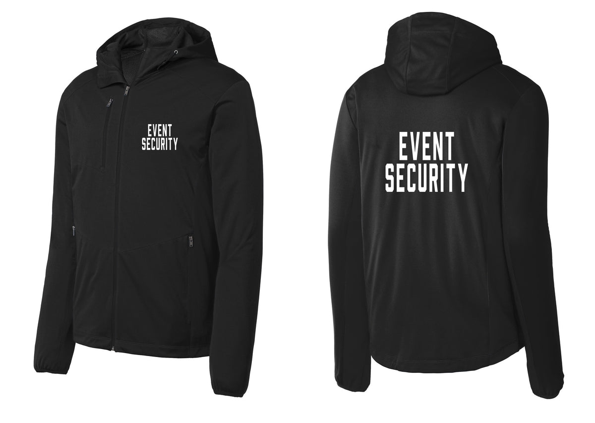NYC Factory Event Security Soft Shell Hooded Jacket (Classic) - Chest + Back - Deep Black