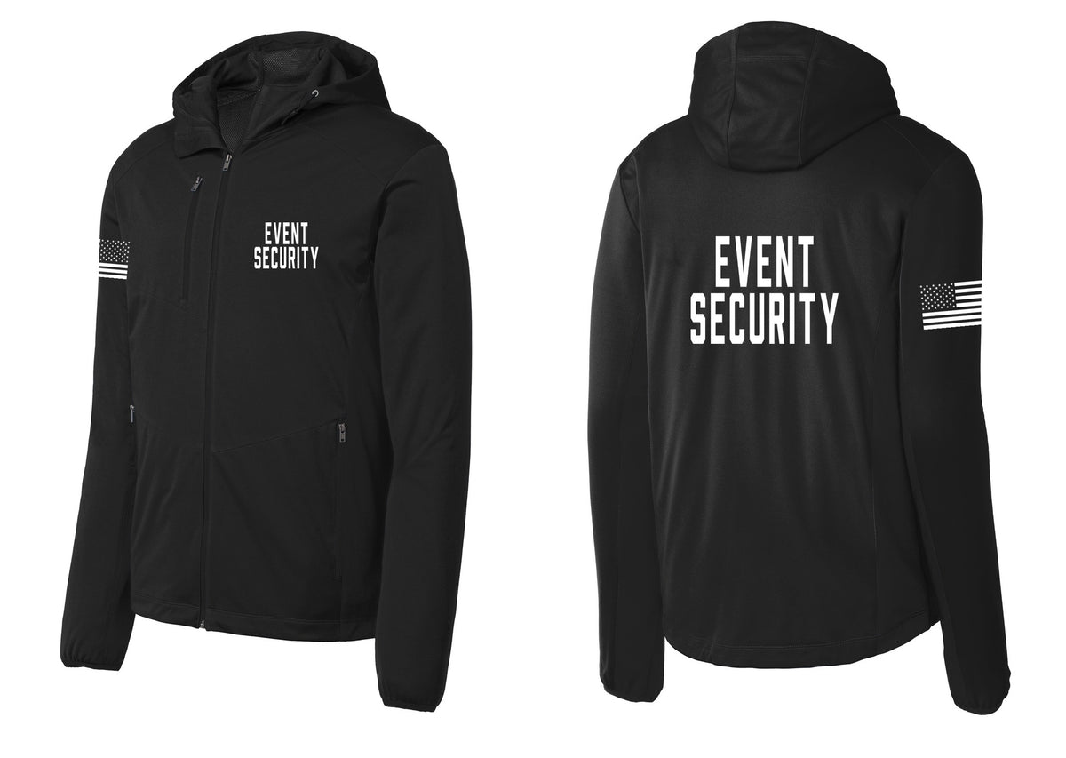NYC Factory Event Security Soft Shell Hooded Jacket (Classic) - Chest + Back + US Flag Sleeve - Deep Black