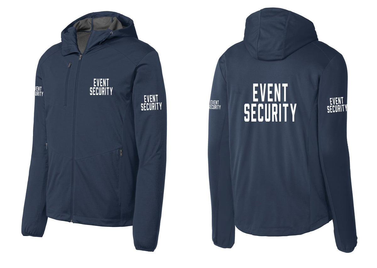 NYC Factory Event Security Soft Shell Hooded Jacket (Classic) - Chest + Back + Event Security Sleeves - Dress Blue Navy
