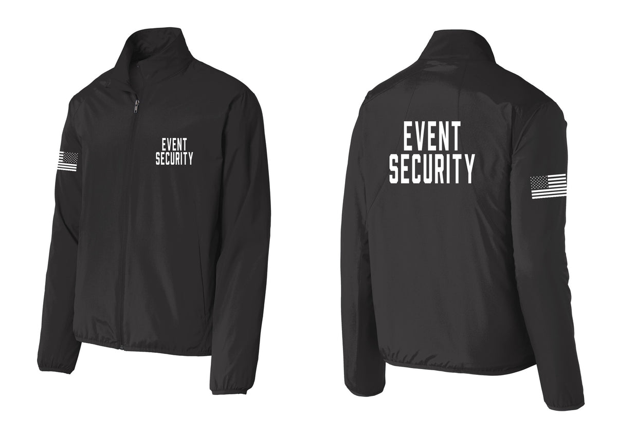 NYC Factory Event Security Windbreaker Full-Zip Jacket (Classic) - Chest + Back + US Flag Sleeve - Black