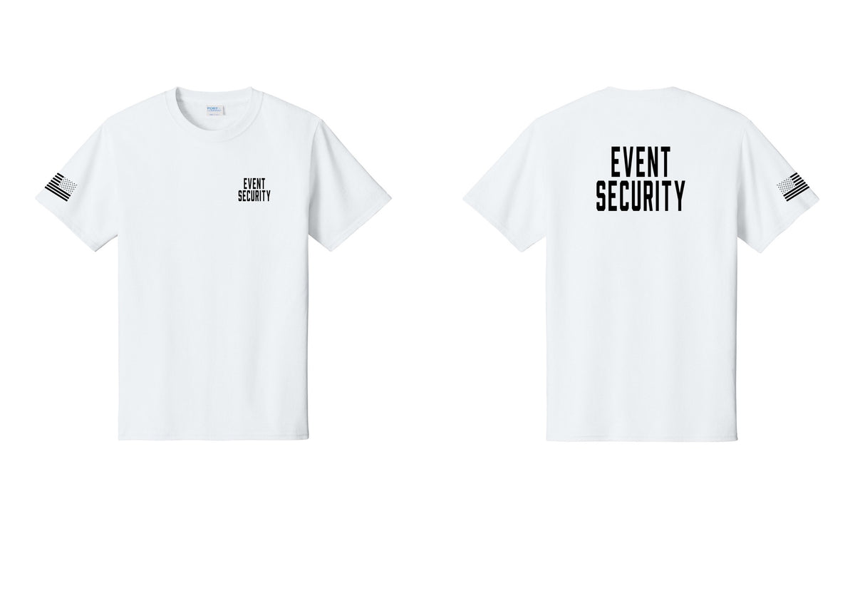 NYC Factory Event Security T-Shirt for Venues & Crowd Management (Classic) - Chest + Back + US Flag Sleeve - White