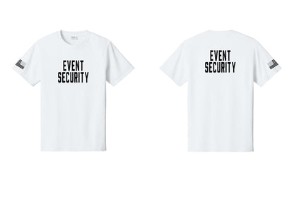 NYC Factory Event Security T-Shirt for Venues & Crowd Management (Classic) - Front + Back + US Flag Sleeve - White