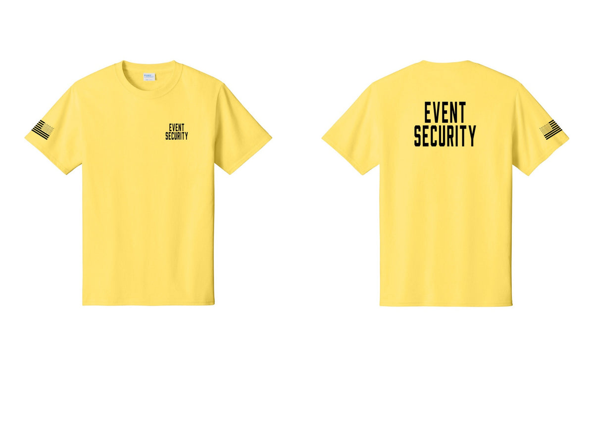 NYC Factory Event Security T-Shirt for Venues & Crowd Management (Classic) - Chest + Back + US Flag Sleeve - Yellow