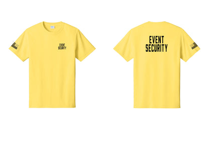 NYC Factory Event Security T-Shirt for Venues & Crowd Management (Classic) - Chest + Back + US Flag Sleeve - Yellow