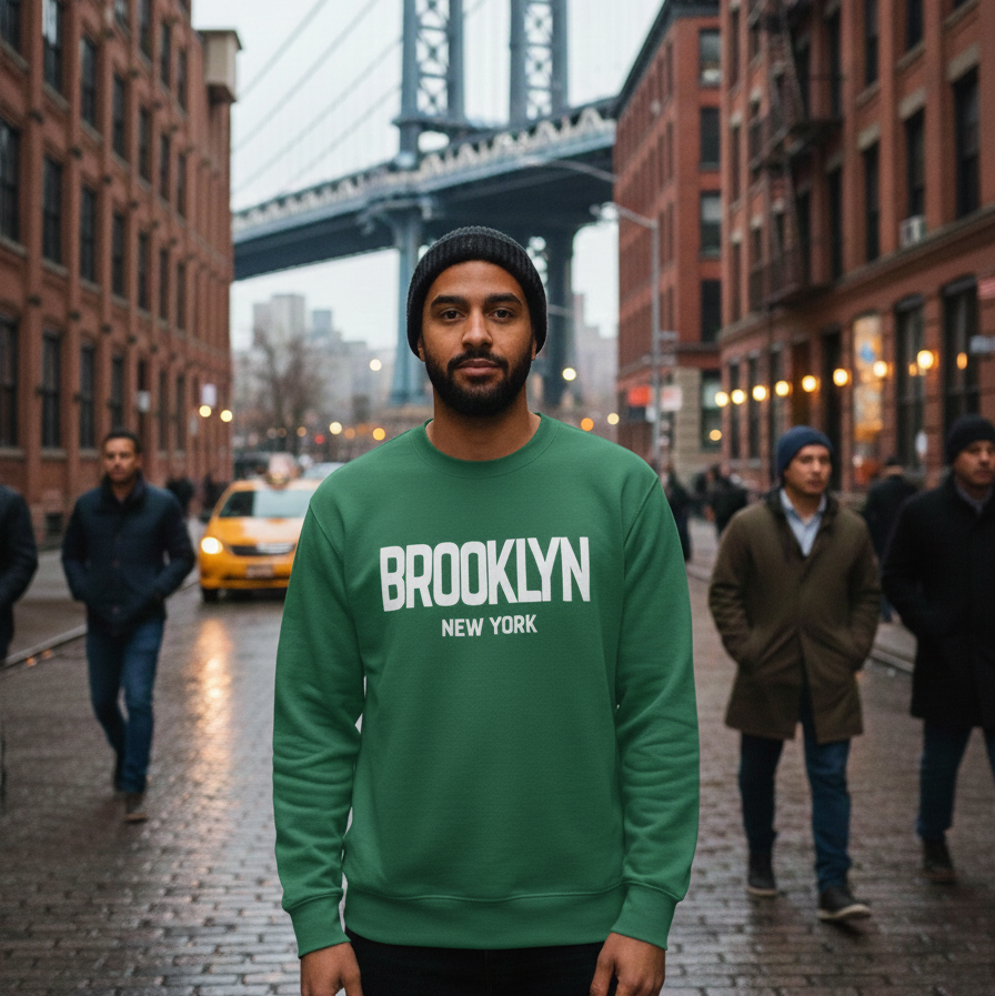 Person wearing a green 'Brooklyn New York' sweatshirt with the Brooklyn Bridge in the background.