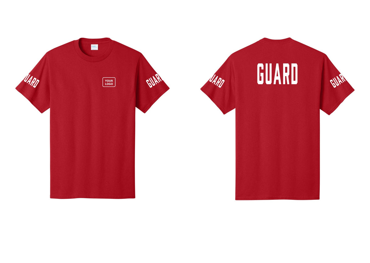 NYC Factory Custom Logo Guard T-Shirt, Condensed Lettering - Your Logo + Back + Guard Sleeves - Red