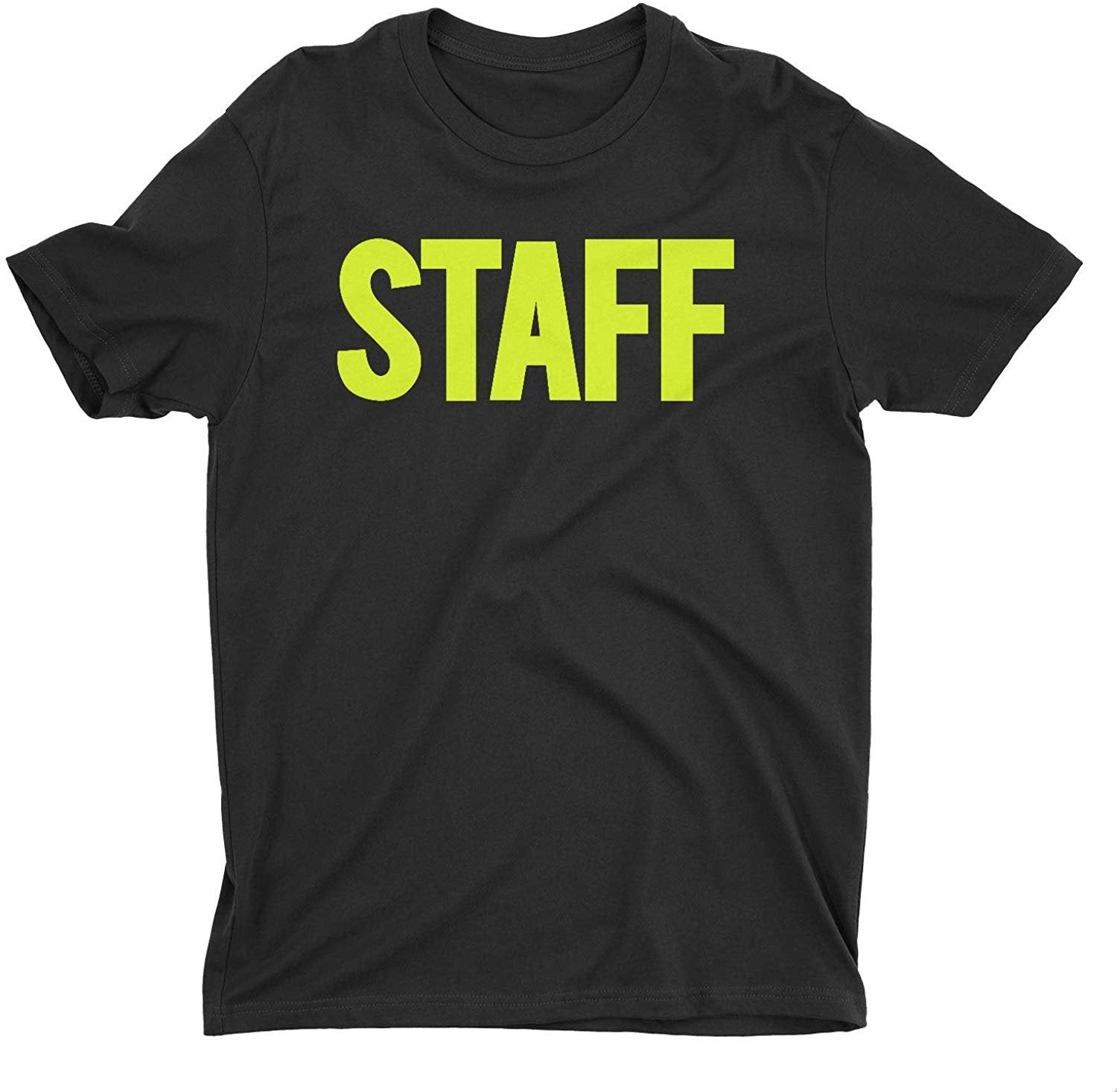 Men's Staff T-Shirt Front Back Screen Print Tee (BB, Black & Neon)