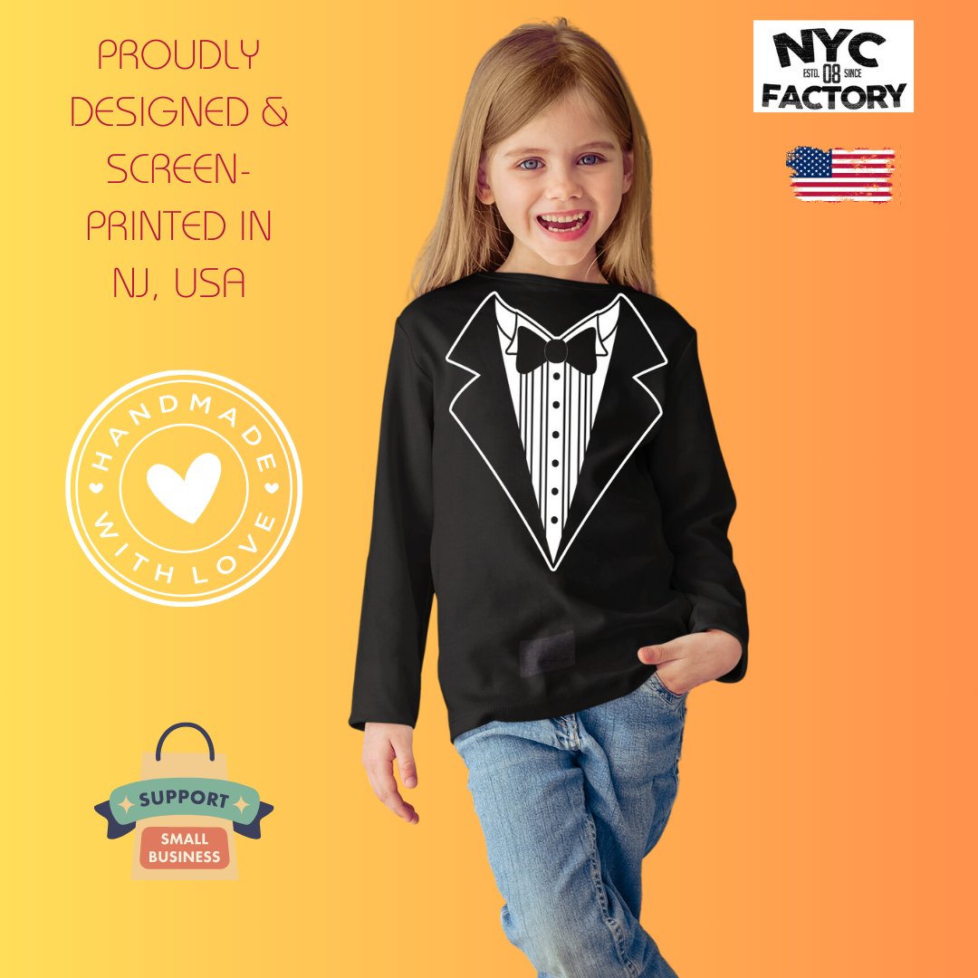 Kids Tuxedo Tee Long Sleeve Funny T-Shirt Youth Black Bowtie & Rose